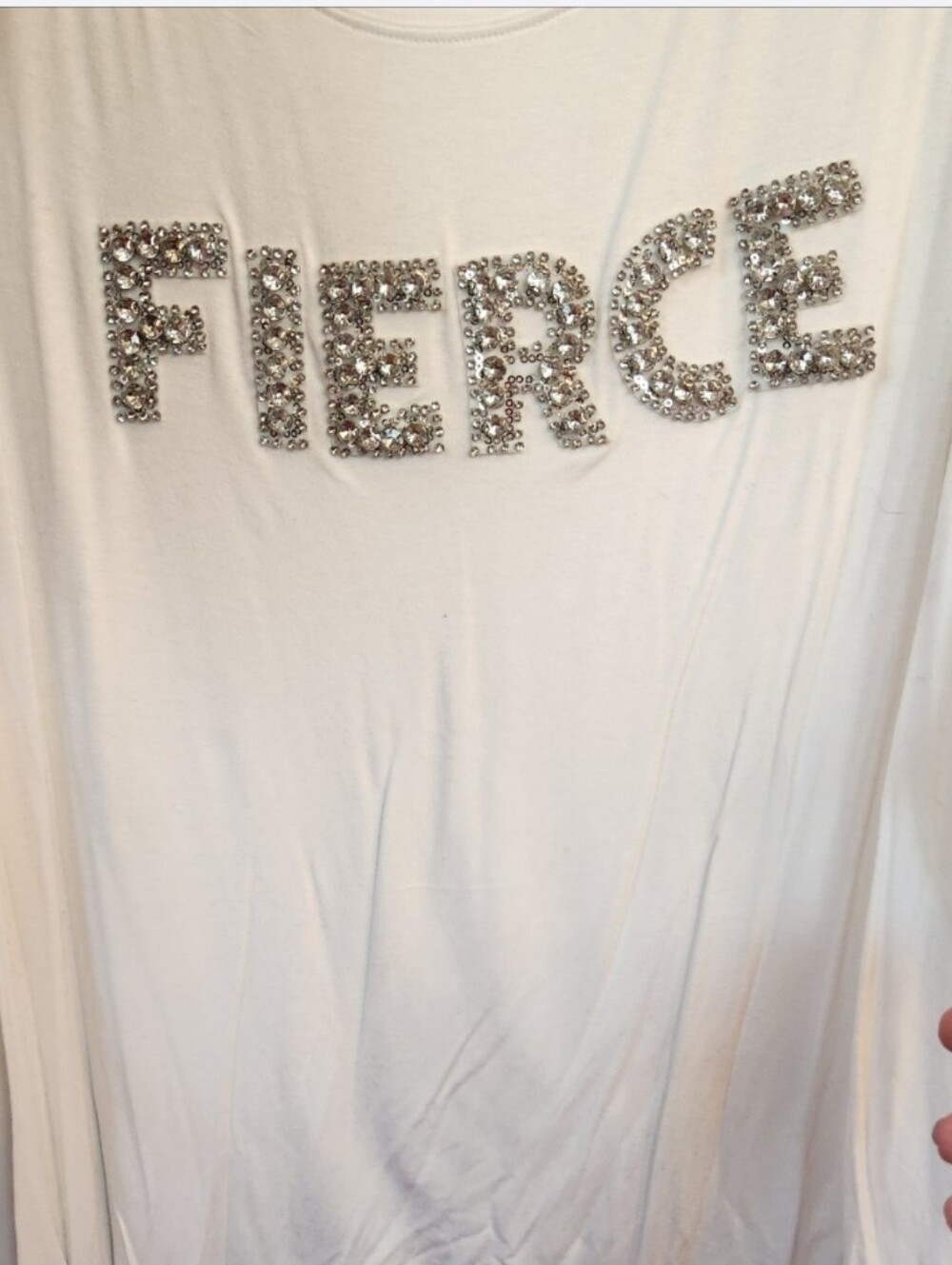 Varsity White Short Sleeve Tee with Rhinestone 'FIERCE'》 FINAL PRICE《
